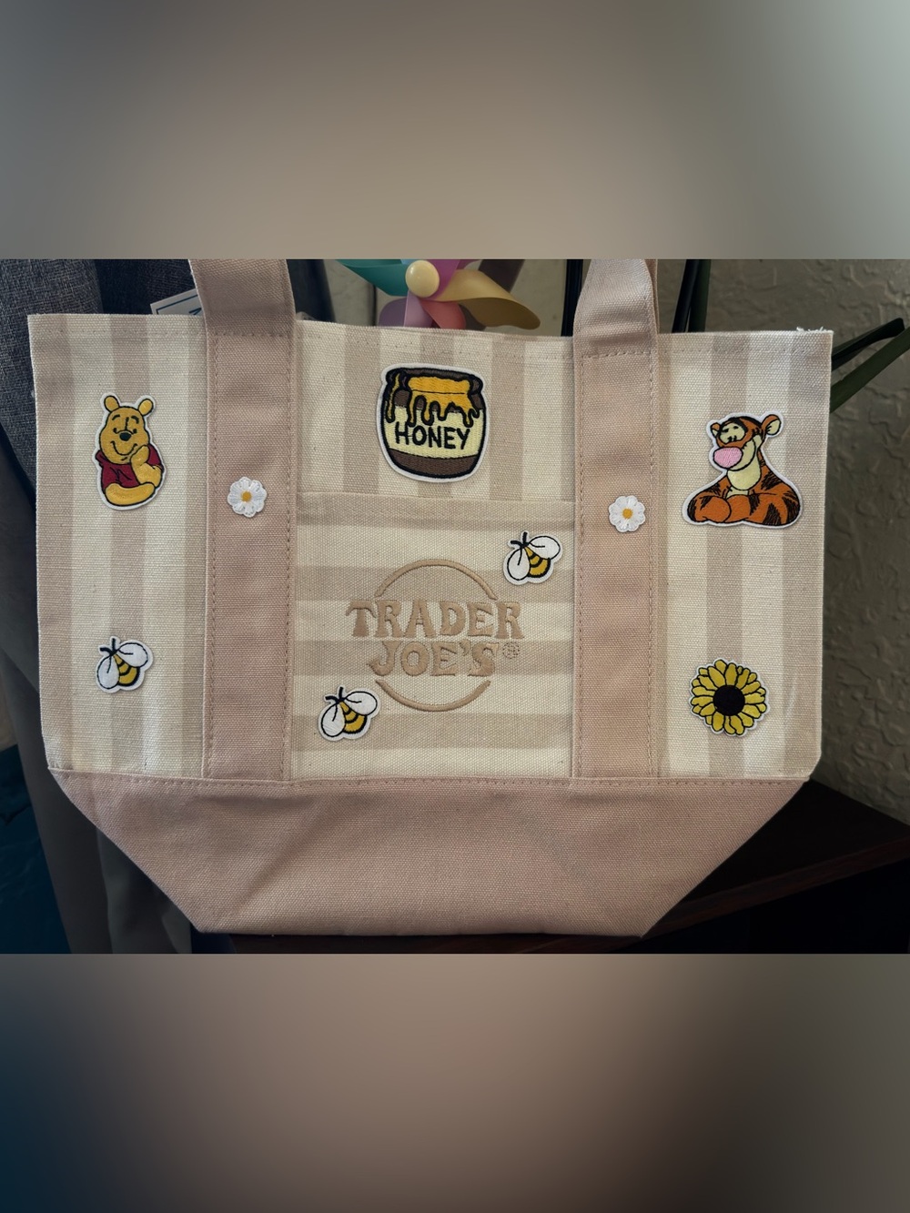 Trader Joe's Beige & Cream Striped Tote with Winnie-the-Pooh Patches - Picture 5 of 7